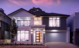 Monte Carlo night front facade edit Monte Carlo Lift Split Level Double Storey Custom Home Builder Adelaide South Australia